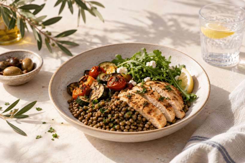 Mediterranean bowl with chicken, lentils, roasted vegetables, and greens