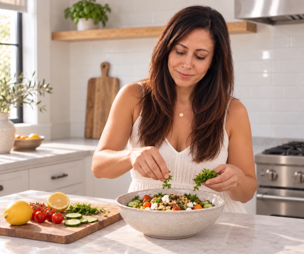 Preparing a bright, herb-topped grain and vegetable bowl