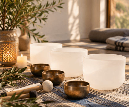 Crystal singing bowls and Tibetan bowls arranged for sound healing
