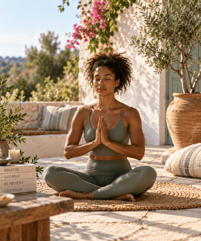 Woman meditating outdoors in a seated prayer pose