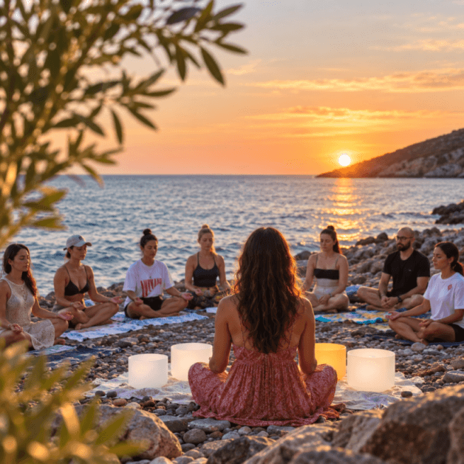 Sound bath meditation circle at sunset on a pebble beach