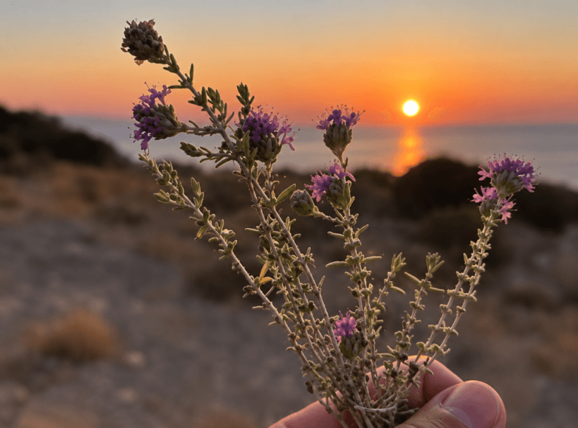 Wild herb held against a sunset over the water
